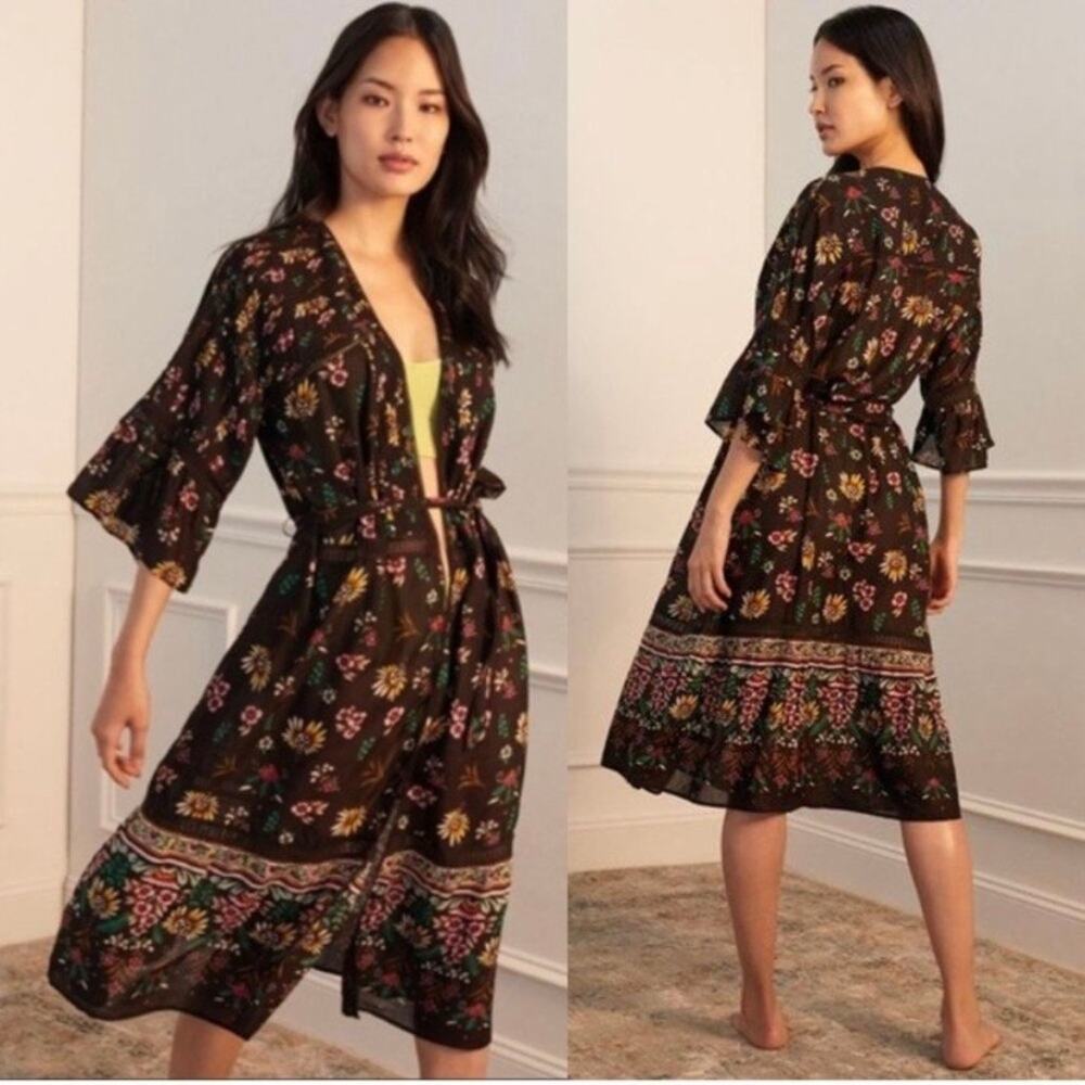 Anthropologie Pintucked Floral Robe Black M